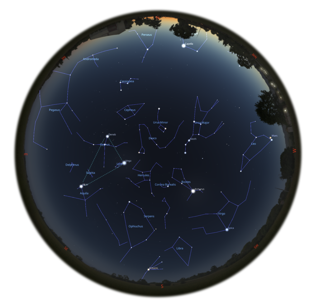 Star chart showing the whole sky at 11.30pm in mid-June 2025.